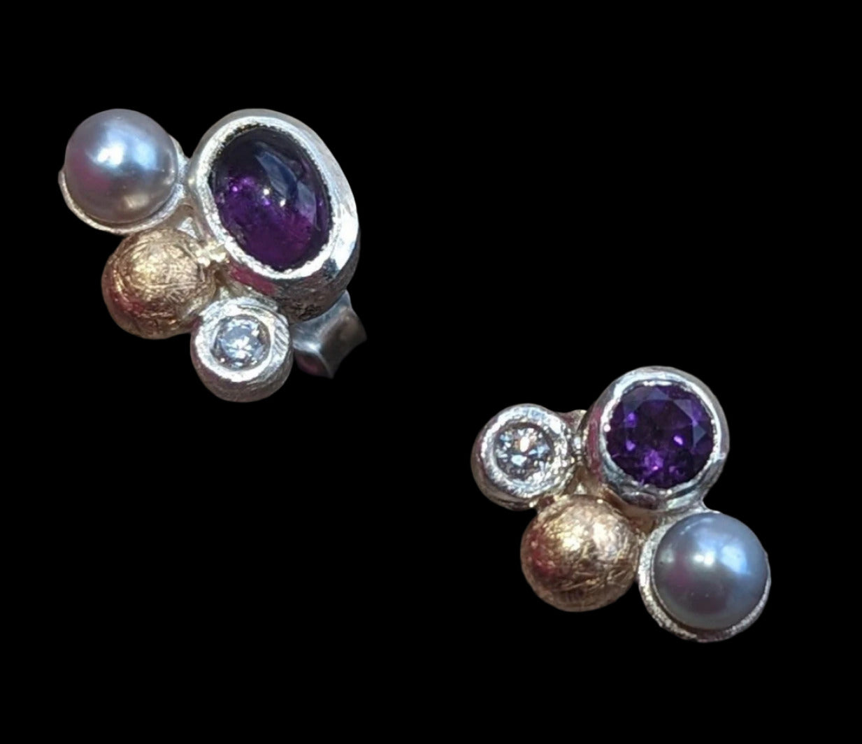 Sterling silver amethyst studs with pearl and diamond